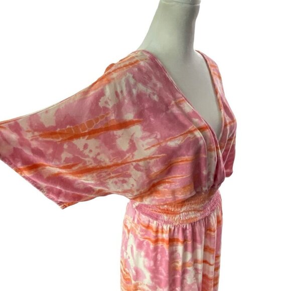 KNOX ROSE Maxi Dress V Neck Short Sleeve Side Slits Tie Dye Pink M 81-30 - Picture 7 of 13